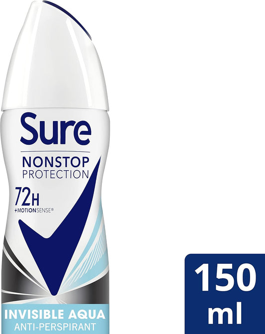 Sure Invisible Aqua Nonstop Protection Deodorant Spray That Protects Against White Marks And Yellow Stains Anti-Perspirant Deodorant Aerosol 72H Protection Against Sweat And Odour 150 Ml