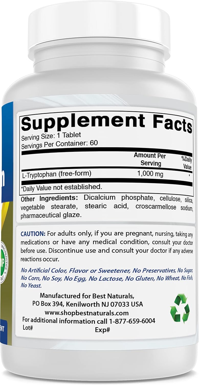 Best Naturals L-Tryptophan 1000 Mg 60 Tablets : Health & Household