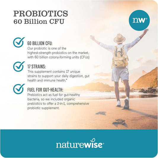 Naturewise Probiotics 60 Billion Cfu - 17 Strains + Organic Prebiotics - Immune, Digestive & Gut Health Probiotic For Women & Men - Vegetarian, Gluten-Free, Non-Gmo - 30 Capsules[1-Month Supply]