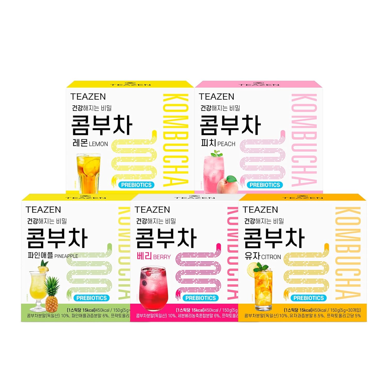 Teazen Kombucha 5 Flavors 150 Sticks Variety Pack, Kombucha Lemon, Peach, Berry, Pineapple, Citron Flavor (150 Sticks)