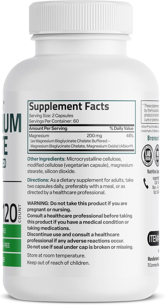 Bronson Magnesium Glycinate 200 Mg Per Serving Chelated For High Absorption, Gentle On Stomach, Non-Gmo, 120 Vegetarian Capsules