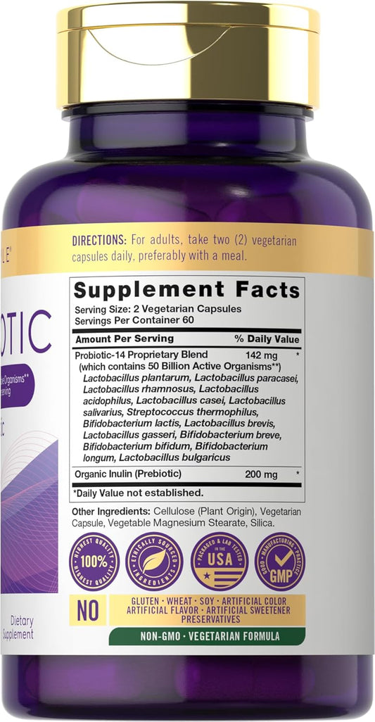 Carlyle Probiotics With Prebiotics | 120 Capsules | 50 Billion Active Organisms | Non-Gmo & Gluten Free Supplement