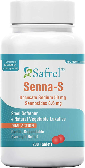 Safrel Senna-S | 200 Tablets | Natural Vegetable Laxative & Stool Softener | Constipation, Gas & Bloating Relief