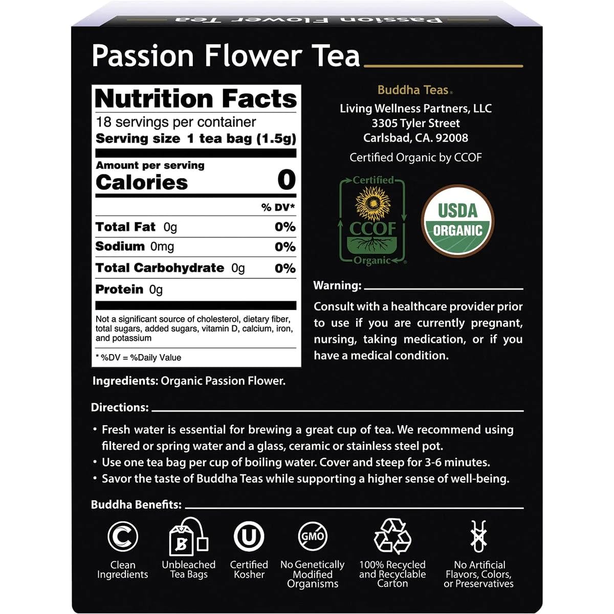 Buddha Teas - Organic Passion Flower Tea - Herbal Tea - For Health & Wellbeing - With Antioxidants & Minerals - Clean Ingredients - Caffeine Free - Ou Kosher & Non-Gmo - 18 Tea Bags (Pack Of 1)