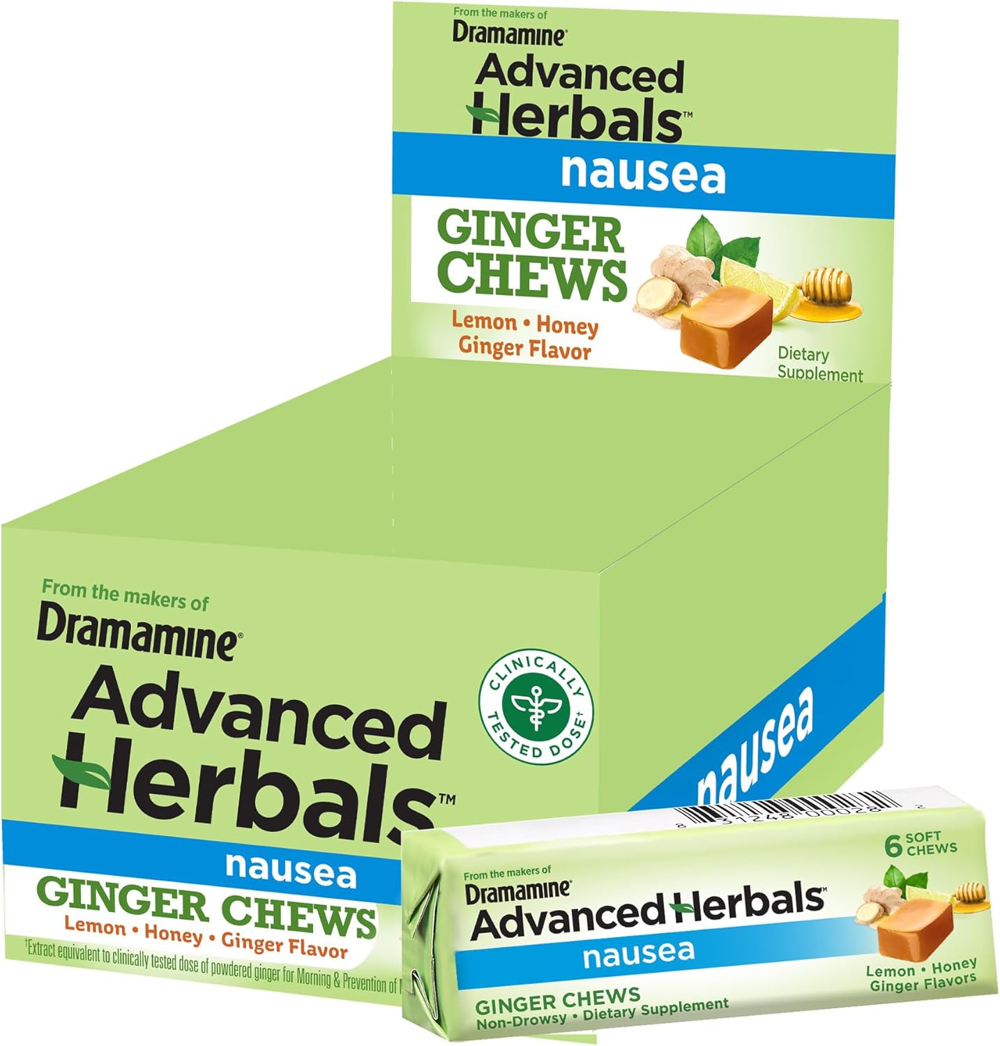 From The Makers Of Dramamine, Advanced Herbals, Ginger Chews, Nausea Relief Soft Chews Lemon-Honey-Ginger, 6 Count, 12 Pack