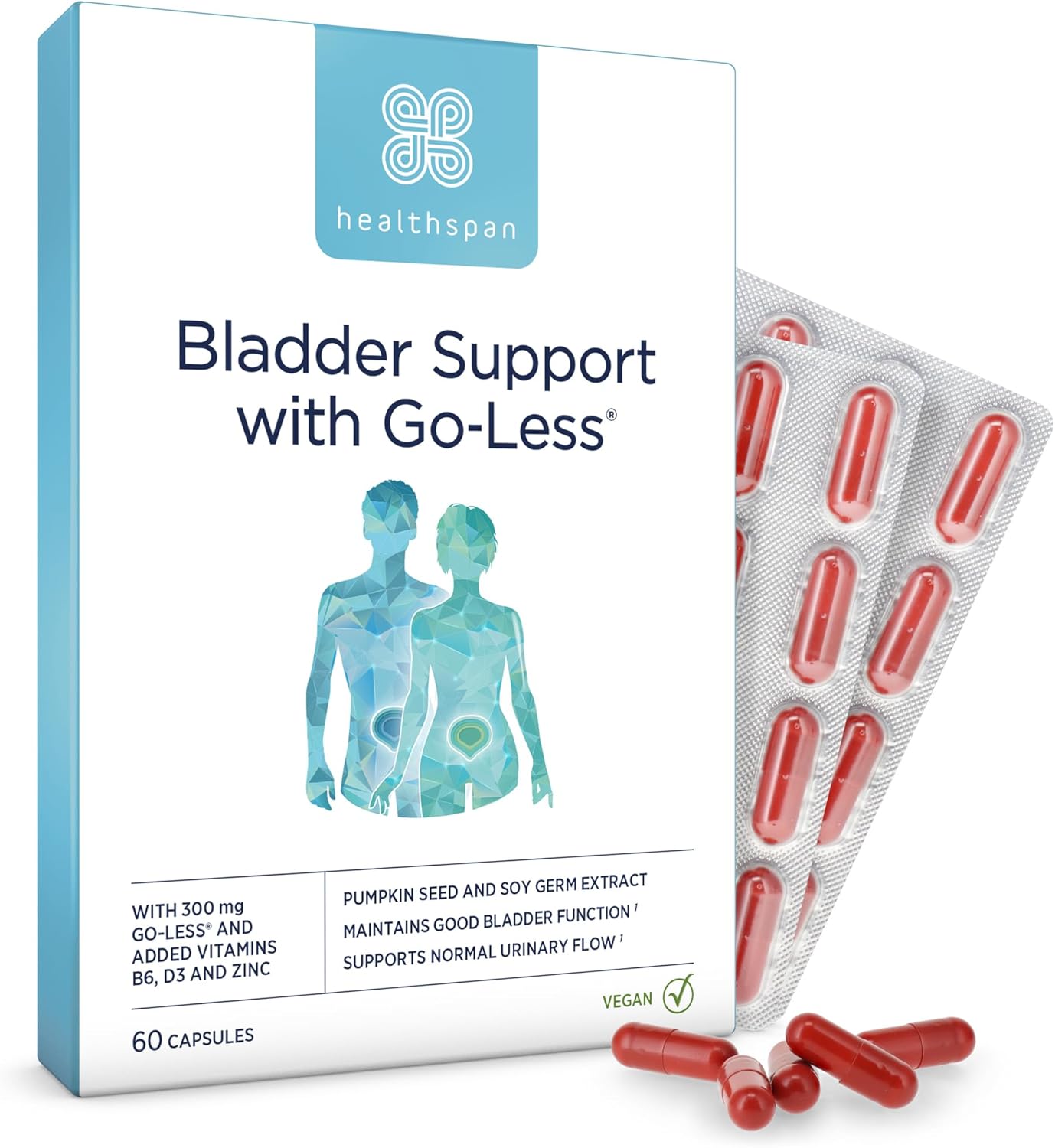 Healthspan Bladder Support With Go-Less® | For Good Bladder Health & Urinary Flow | 300Mg Go-Less® | Pumpkin Seed Extract & Soy Germ Extracts | Added Vitamin B6, D3 & Zinc | Vegan (120 Capsules)