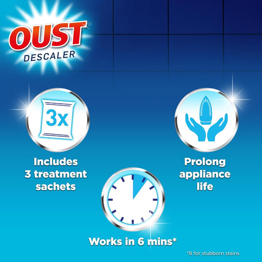 Oust Powerful All Purpose Descaler, New Formula, Limescale Remover – Ideal For Kettles, Coffee Machines, Irons And Shower Heads, 3 Sachets X 6 (18 Sachets Total)