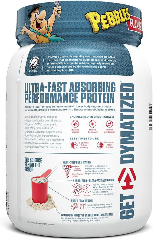 Dymatize Iso100 Hydrolyzed Protein Powder, 100% Whey Isolate Protein, 25G Of Protein, 5.5G Bcaas, Gluten Free, Fast Absorbing, Easy Digesting, Fruity Pebbles, 24 Servings