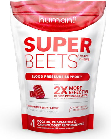 Humann Superbeets Heart Chews - Nitric Oxide Production And Blood Pressure Support - Grape Seed Extract & Non-Gmo Beet Energy Chews - Pomegranate Berry Flavor - 60 Count