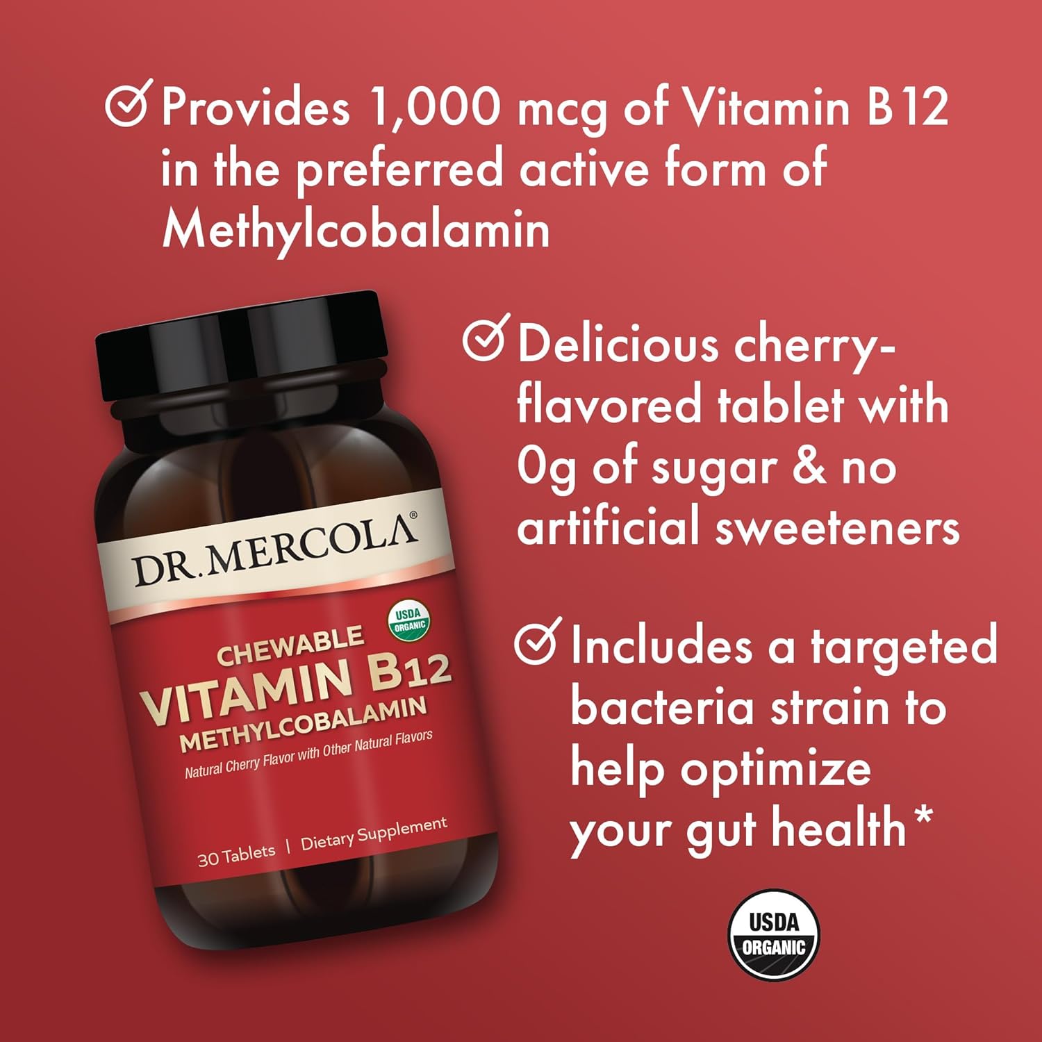 Dr. Mercola Organic Chewable Vitamin B12, 30 Servings (30 Tablets), Natural Cherry Flavor, Dietary Supplement, Supports Energy Production and Mental Focus, Non-GMO, Certified USDA Organic : Health & Household