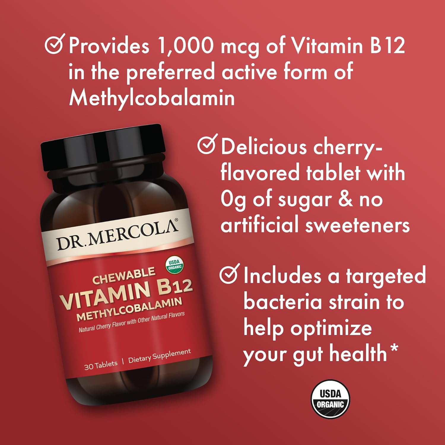 Dr. Mercola Organic Chewable Vitamin B12, 30 Servings (30 Tablets), Natural Cherry Flavor, Dietary Supplement, Supports Energy Production and Mental Focus, Non-GMO, Certified USDA Organic : Health & Household