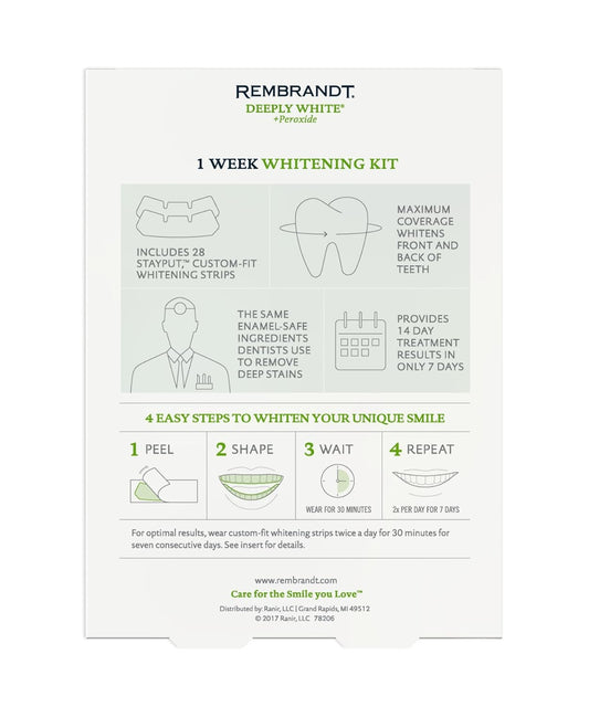 Rembrandt Deeply White + Peroxide 1 Week Teeth Whitening Kit, Removes Tough Stains, Enamel-Safe, 28 Custom-Fit Whitening Strips (14 Treatments)