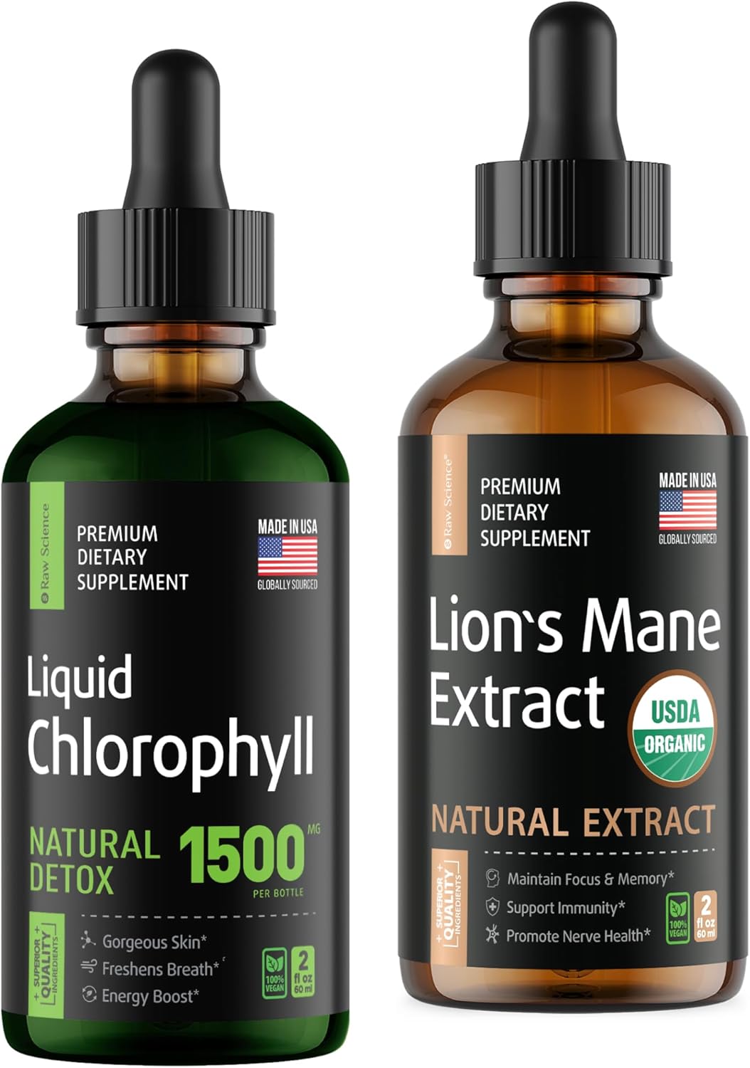 Natural Energy Boost - Nootropics Brain Support & Oxygen Booster - Lions Mane Extract 2Oz And Chlorophyll Drops 2Oz