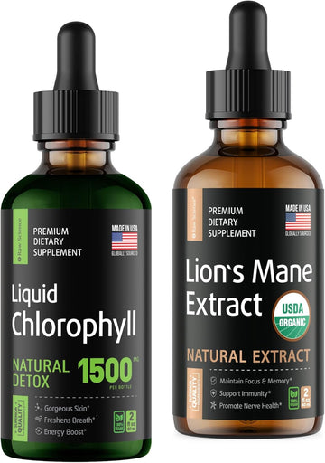 Natural Energy Boost - Nootropics Brain Support & Oxygen Booster - Lions Mane Extract 2Oz And Chlorophyll Drops 2Oz