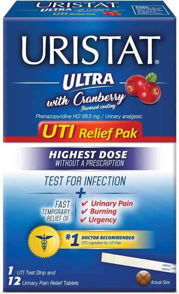 Uristat Ultra UTI Relief Pak, Test for Urinary Tract Infection, Experience Urinary Pain Relief, 1 UTI Test Strip & 12 Pain Relief Tablets