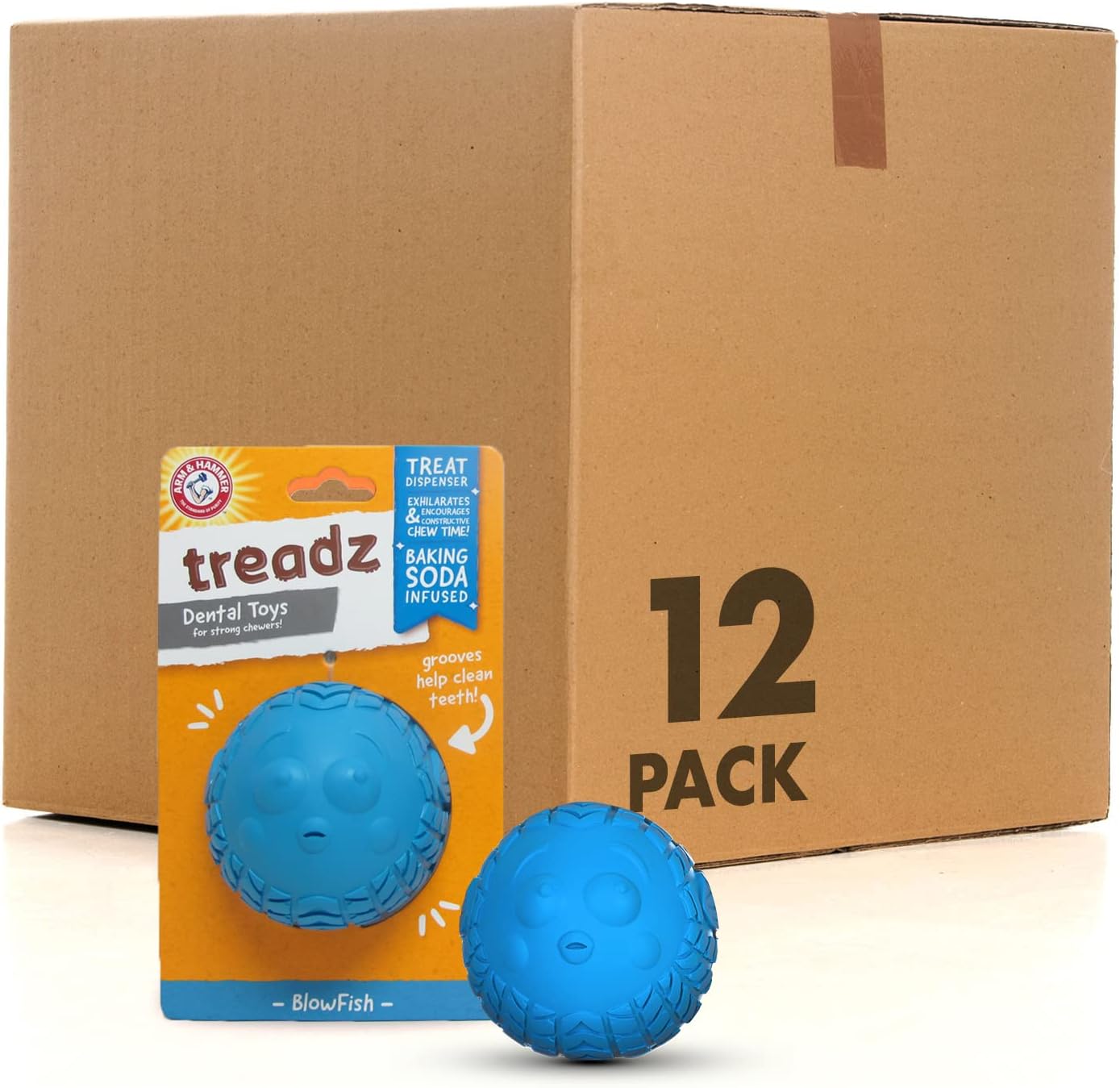 Arm & Hammer For Pets Super Treadz Blowfish Dental Chew Toy For Dogs, 12 Pack |Best Dental Dog Chew Toy |Dog Dental Fetch Toys Reduce Plaque & Tartar Buildup Without Brushing |For Dogs Up To 25 Lbs