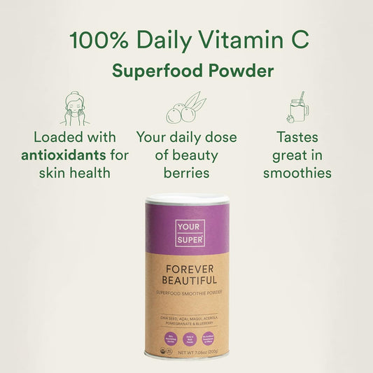 Your Super Forever Beautiful Superfood Blend ? Organic Superfood Powder for Healthy Skin and Hair, with Organic Aa¡, Powder, Maqui Berry, Maca, and Acerola (40 Servings)