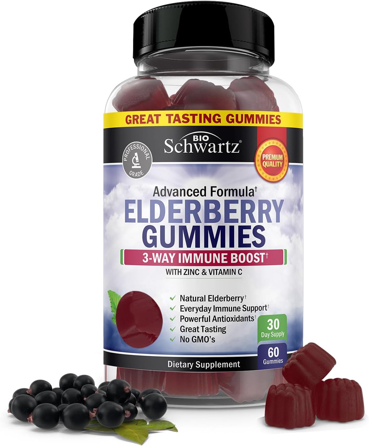 Elderberry Gummies with Zinc and Vitamin C for Adults & Kids - Natural Immune Support - Black Sambucus Elderberries - Powerful Multiminerals Supplement - Gluten-Free, Non-GMO, Made in USA, 60 ct