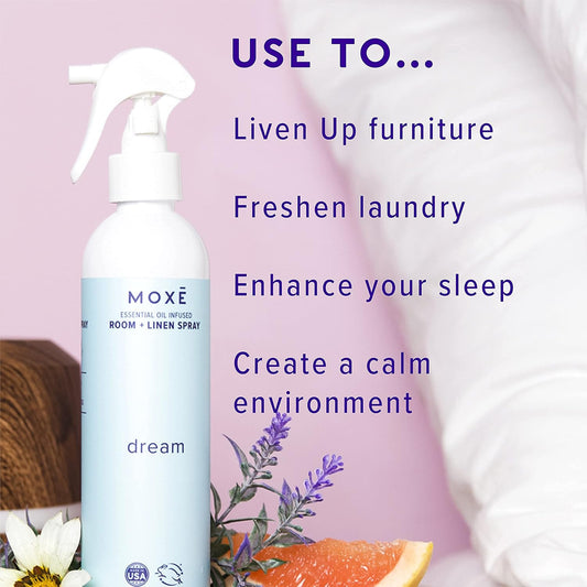 Moxe Dream Linen & Room Spray, Essential Oils For Sleep, Natural Aromatherapy Mist, Bedding, Pillows, Sheets, Home & Bedroom, Lavender, Chamomile, Lemongrass, Grapefruit, 8 Ounces (1 Pack)