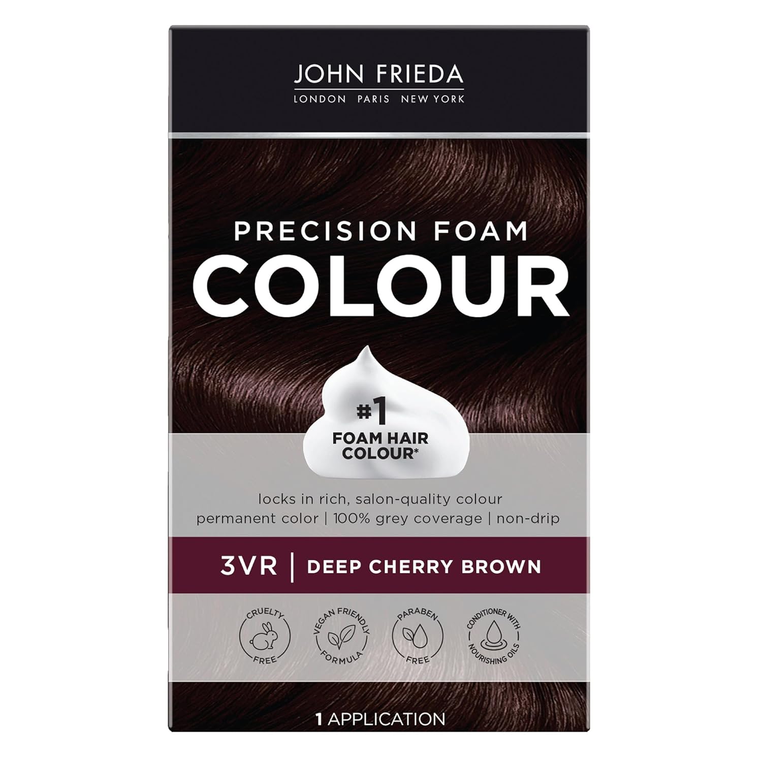 John Frieda Brown Permanent Precision Hair color Foam Hair Dye, Deep Cherry Brown Hair Color, 3VR Deep Cherry Brown Foam Hair Color, 1 Application