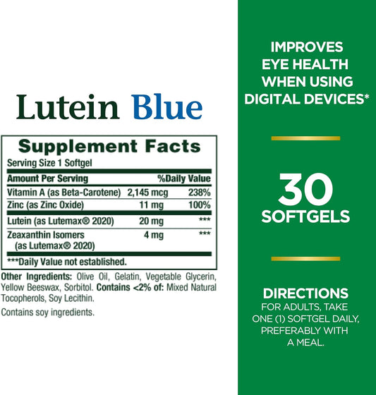 Nature'S Bounty Lutein Blue Pills, Eye Health Supplements And Vitamins With Vitamin A And Zinc, Supports Vision Health, 30 Softgels