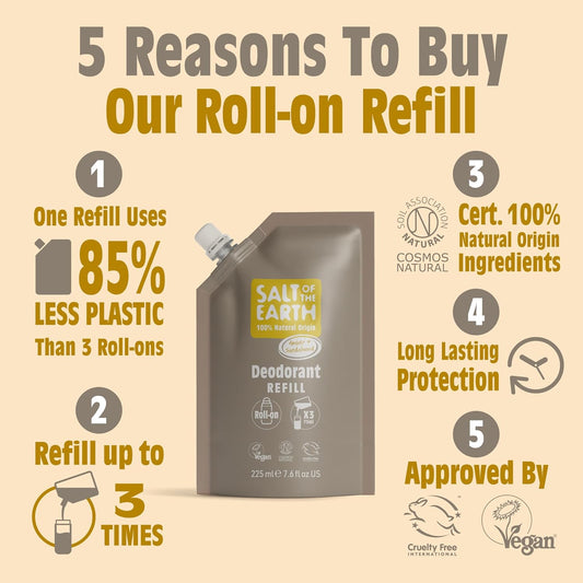 Salt Of The Earth - Natural Deodorant Roll On Refill Pouch, X3 Uses - Lavender & Vanilla - Vegan, Long Lasting Protection, Leaping Bunny Approved, Made In The Uk - 225Ml