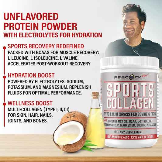 Sports Collagen Electrolytes Powder, 12.42 Oz - Grass Fed Bovine & Wild Fish Hydrolyzed Type I, Ii, Iii Multi Collagen Peptides For Electrolyte Drinks, Unflavored Protein Powder With Bcaa, Magnesium
