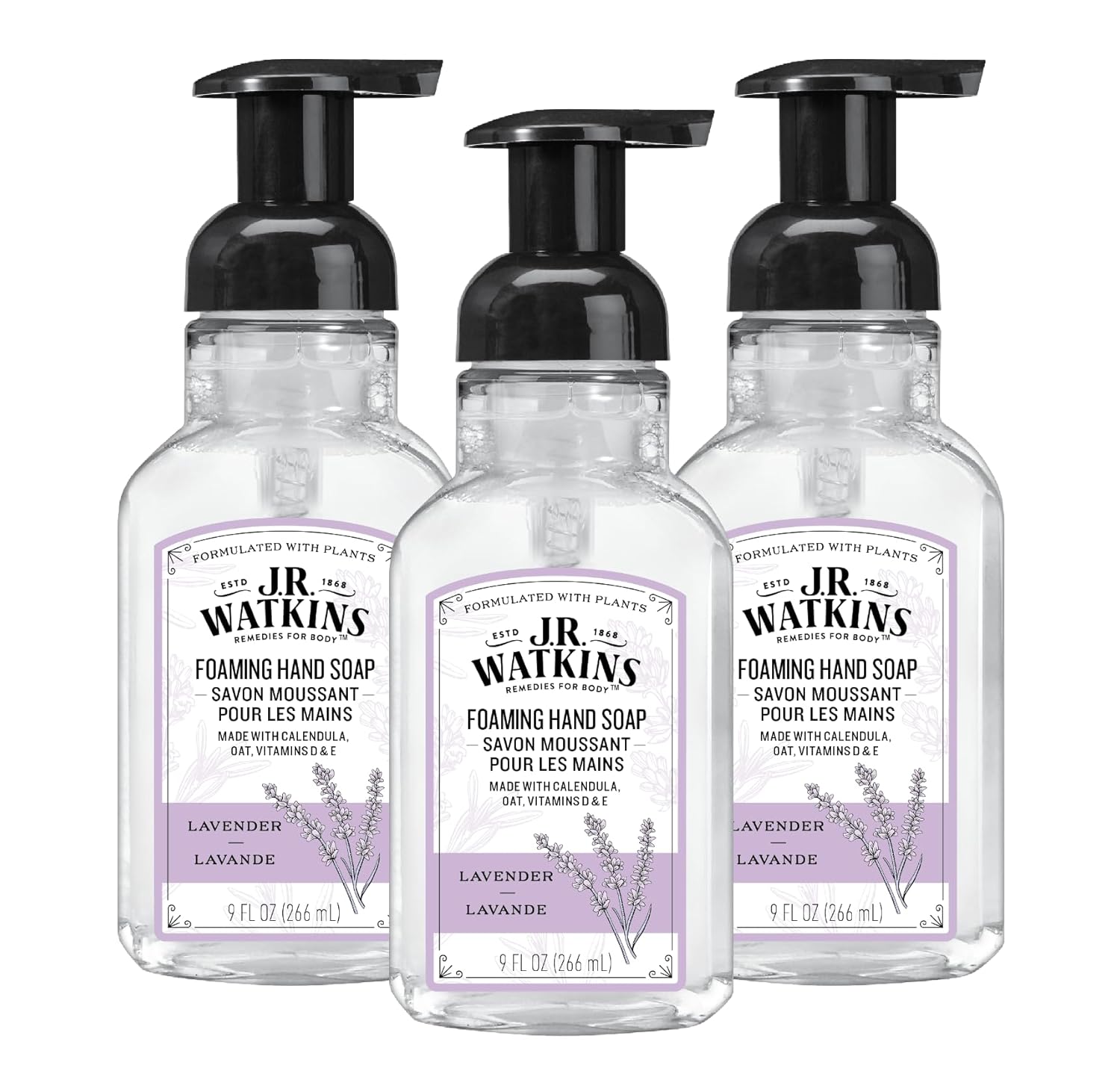 J.R. Watkins Foaming Hand Soap With Pump Dispenser, Moisturizing Foam Hand Wash, All Natural, Alcohol-Free, Cruelty-Free, Usa Made, Lavender, 9 Fl Oz, 3 Pack