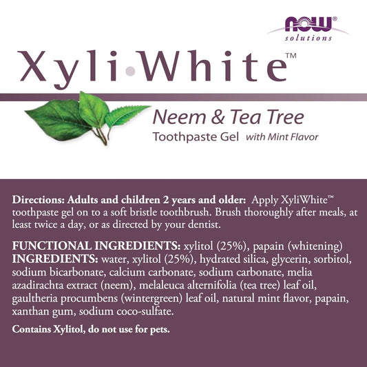 Now Foods Solutions, Xyliwhite™ Toothpaste Gel, Neem And Tea Tree, Cleanses And Whitens, Clean And Fresh Taste, 6.4-Ounce