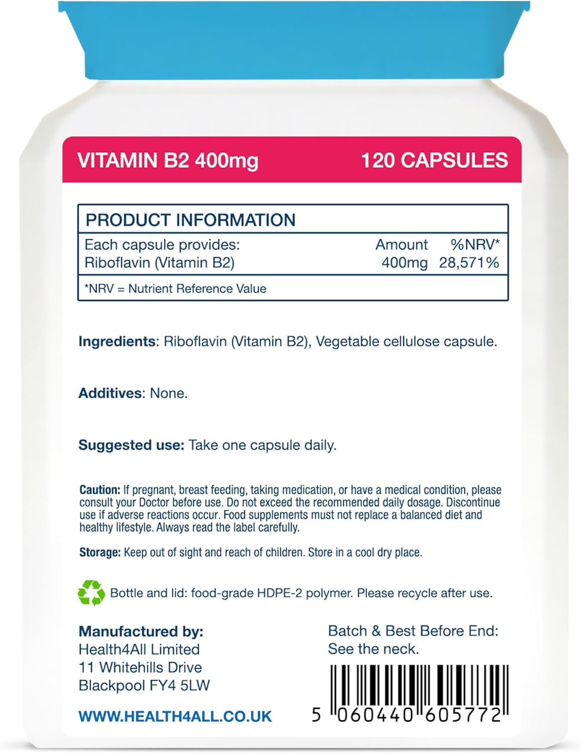 Health4All Vitamin B2 Riboflavin 400mg Migraine Support 120 Capsules (4 Months Supply) Vegan, no additives, High Strength Riboflavin Supplement : Amazon.co.uk: Health & Personal Care