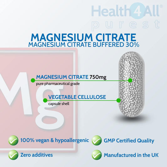 Health4All Magnesium Citrate 750Mg Per Capsule 90 Capsules, High Strength 225Mg Elemental Magnesium, Easily Absorbable, Highly Bioavailable, Purest: No Additives, Vegan Supplement | Made In Uk