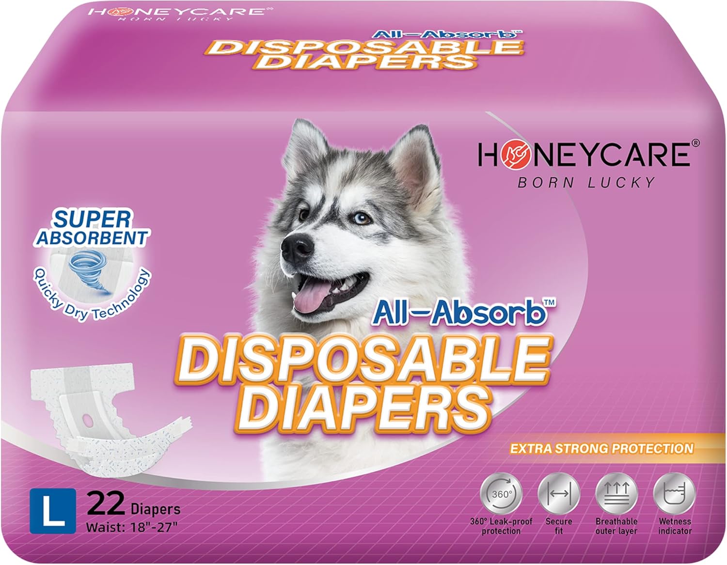 Honey Care All-Absorb Disposable Dog Diapers L Size, Improved Bigger Size, 22 Count, Super Absorbent, Breathable, Wetness Indicator