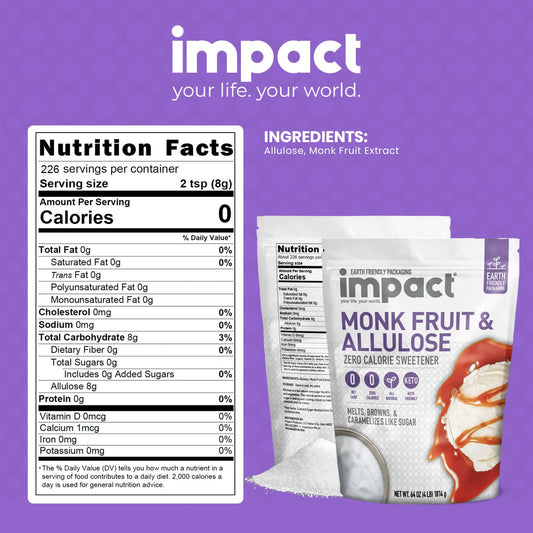 Impact - Monk Fruit Allulose Sweetener - Crystalized Blend - Zero Calorie, Keto Friendly Sugar Substitute - Baking Essential With Plastic-Free Packaging - 4Lbs