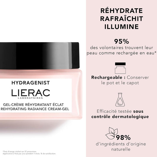Lierac Hydragenist Rehydrating Radiance Cream-Gel - Natural Hyaluronic Acid & Rehydrating Ferment, Vegan Face Moisturizer For Women, Recomended From Normal To Sensitive Skin, 50Ml