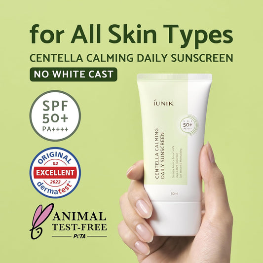 Iunik Centella Calming Moisture Daily Sunscreen Spf 50+ Pa++++ Non-Greasy No White Cast & Beta-Glucan Lightweight Non-Sticky Moisture Watery Cream Lotion Moisturizer Dry Oily Sensitive Korean Skincare