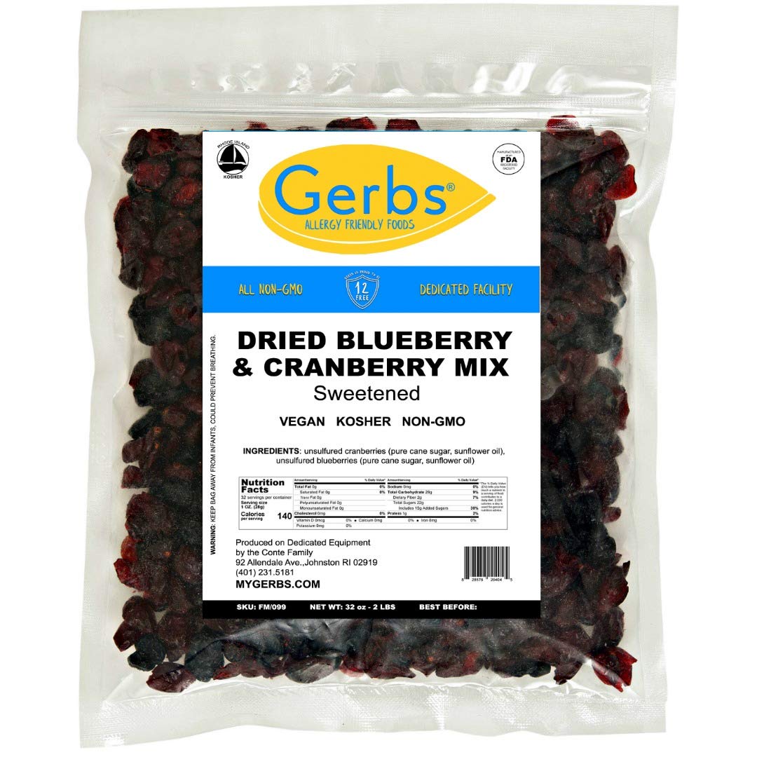 GERBS Blueberry & Cranberry Dried Fruit Snack Mix 2 LBS. Premium Grade | Top 14 Food Allergy Free | Resealable Bulk Bag | Made in USA | Packed with Antioxidants | Gluten Peanut Tree Nut Free