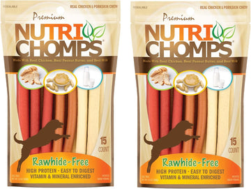 Nutrichomps Dog Chews, 5-Inch Twists, Easy To Digest, Rawhide-Free Dog Treats, 15 Count, Real Chicken, Peanut Butter And Milk Flavors, Bundle Of 2, Brown, Red, Cream (Nt051V-2)