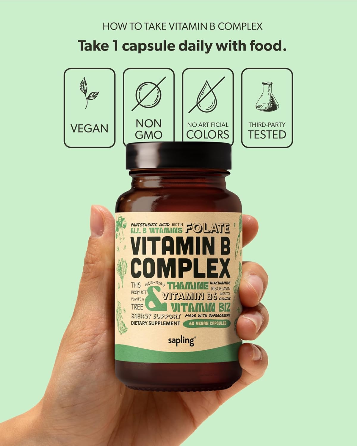 Sapling Vegan Vitamin B Complex - Whole Food Blend With Essential B Vitamins B1, B2, B3, B5, B6, B7, Folate, B12-60 Caps : Health & Household