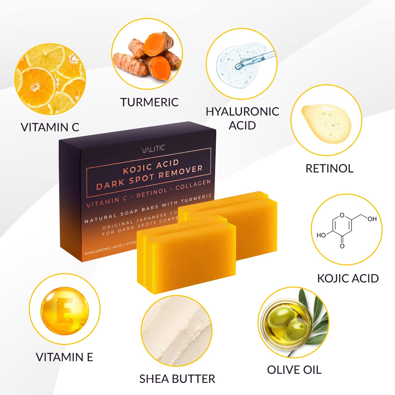 Valitic Kojic Acid Dark Spot Remover Soap Bar With Vitamin C, Retinol, Collagen, Turmeric - Original Japanese Complex - Hyaluronic Acid, Vitamin E, Shea Butter, Castile Oil ( 4 Pack ) With Soap Holder : Beauty & Personal Care