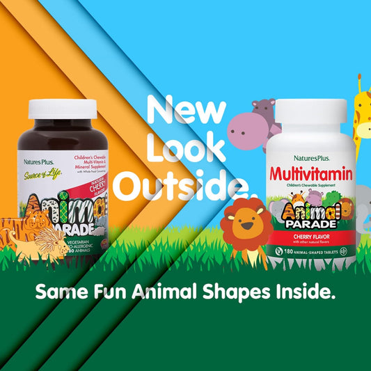 NaturesPlus Animal Parade Children's Chewable Multivitamin - Cherry Flavor - 180 Animal-Shaped Tablets - Promotes Health & Well-Being - Vegetarian, Gluten Free - 90 Servings