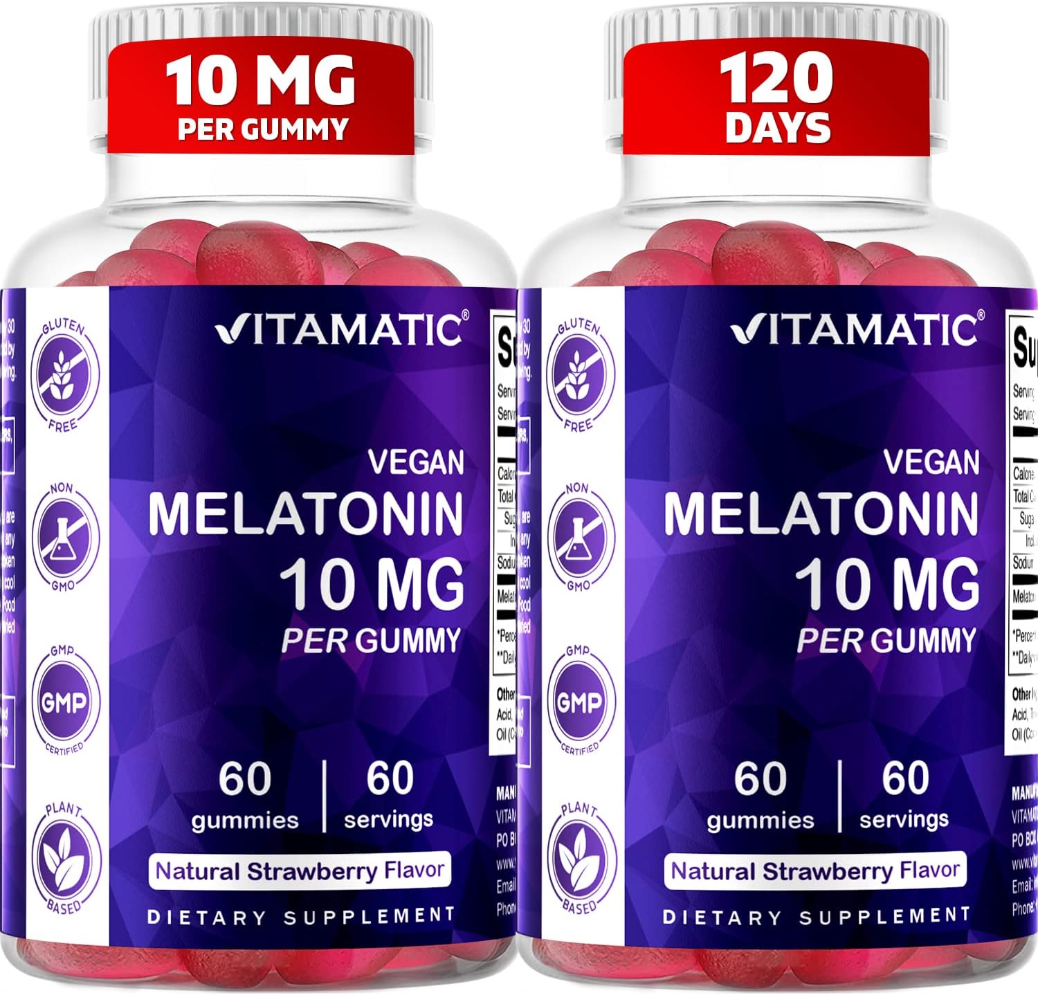 2 Pack - Vitamatic Melatonin 10mg per gummy Vegetarian Gummies - Non-Habit Forming 60 Gummies Per Bottles (Total 120 Vegan Gummies)