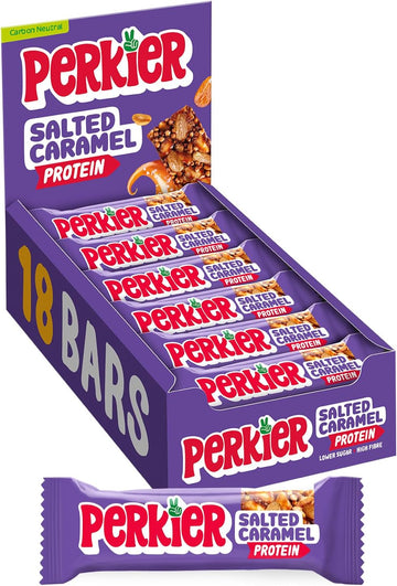 Perkier Salted Caramel Snack Bars (18 Pack) – Vegan – Gluten Free – Protein – High Fibre – Lower Sugar - Natural Ingredients – Lower Calorie – Healthy – No Palm Oil