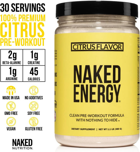 Naked Citrus Naked Energy - Citrus Flavored Clean Pre Workout Supplement For Men And Women, Vegan Friendly, No Added Sweeteners, Colors Or Flavors - 30 Servings