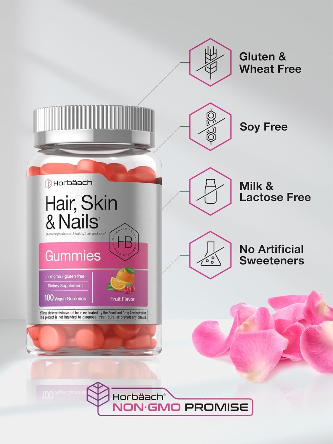 Horbäach Hair Skin and Nails Gummies | 100 Count | with Biotin | Fruit Flavored Vitamins | Non-GMO, Gluten Free Supplement