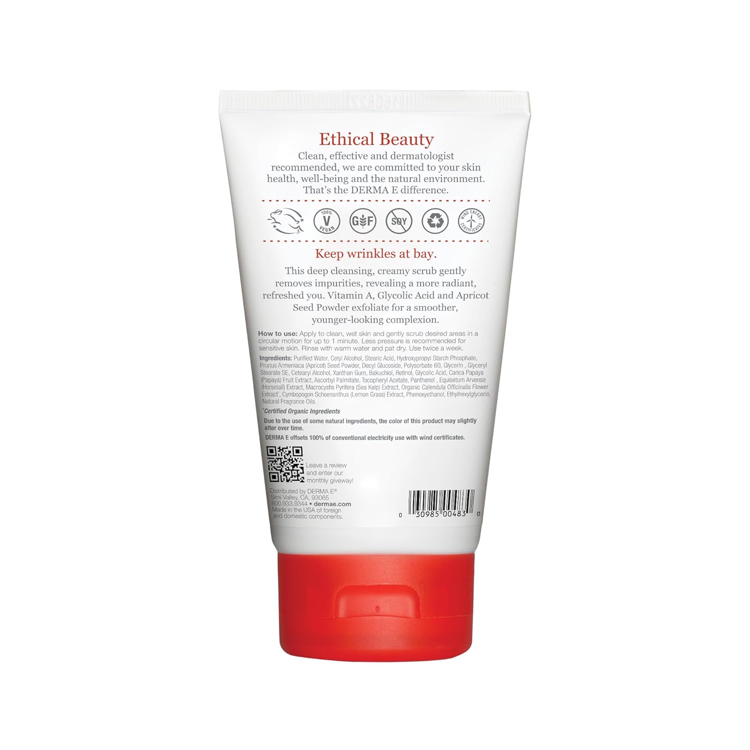 DERMA E Anti-Wrinkle Scrub – Anti-Aging Face Wash with Glycolic Acid and Vitamin A – Cleansing and Exfoliating Treatment Removes Makeup, Oil and Impurities, 4 oz : Beauty & Personal Care