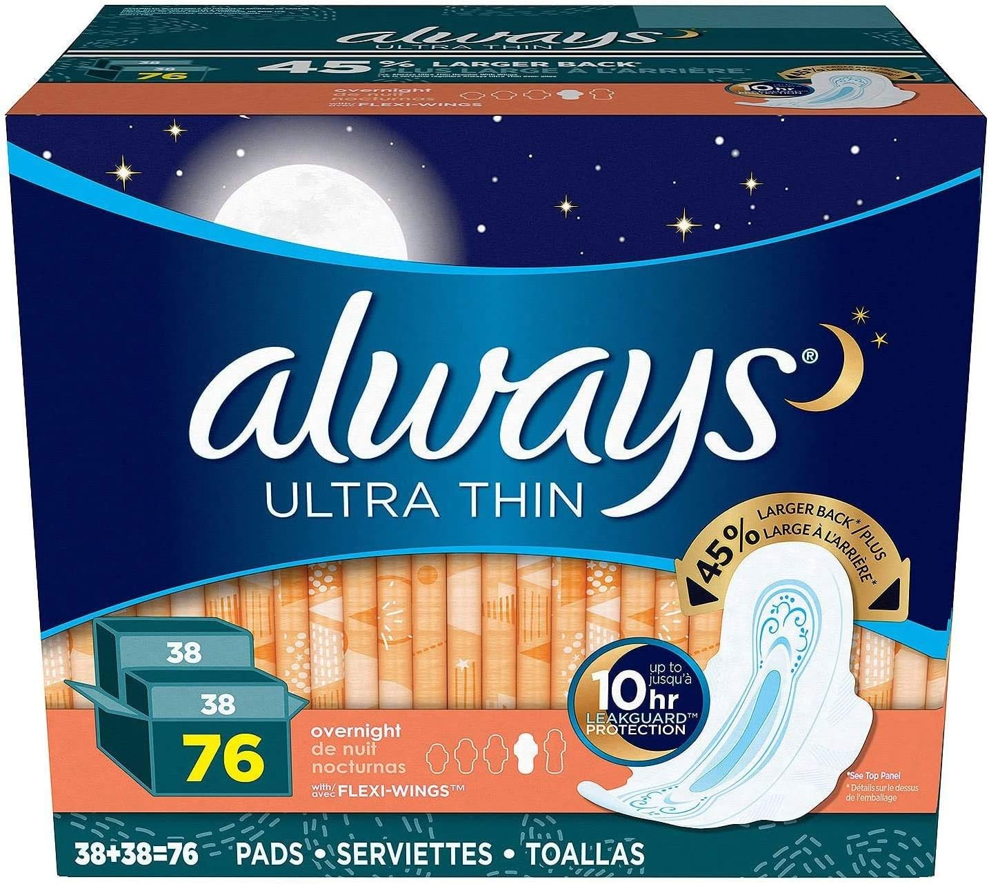 Always Ultra Overnight With Wings, Unscented Thin Pads 76 Count