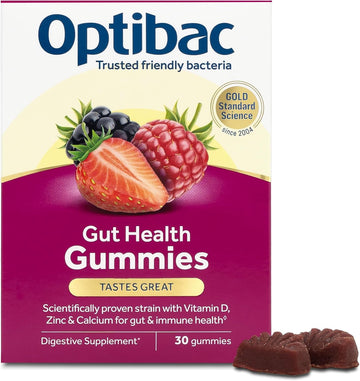 Optibac Probiotics Gut Health Gummies - Vegan Digestive Probiotic Supplement With Vitamin D, Zinc & Calcium For Immune Support & Gut Health - 5 Billion Bacterial Cultures - 30 Gummies