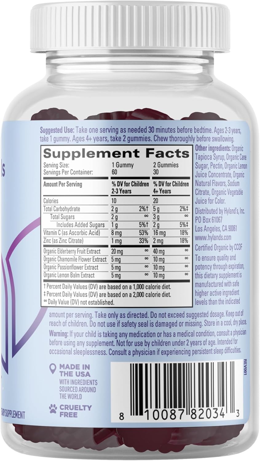 Hyland'S Kids Melatonin Free Organic Sleep Aid Gummies With Calm & Immune Support - With Vitamin C, Zinc, Elderberry, Lemon Balm & Chamomile, Helps With Sleeplessness & Restlessness, 60 Vegan Gummies : Health & Household
