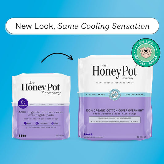 The Honey Pot Company - Herbal Pads For Women - Overnight Pads W/Wings - Infused W/Essential Oils For Cooling Effect & Organic Cotton Cover - Sanitary Pads - Feminine Care - Fsa & Hsa - 12 Ct