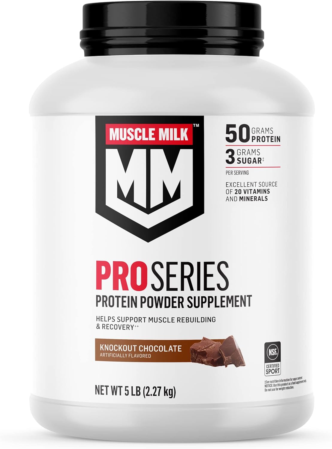 Muscle Milk Pro Series Protein Powder Supplement, Knockout Chocolate, 5 Pound, 28 Servings, 50G Protein, 3G Sugar, 20 Vitamins & Minerals, Nsf Certified For Sport, Workout Recovery